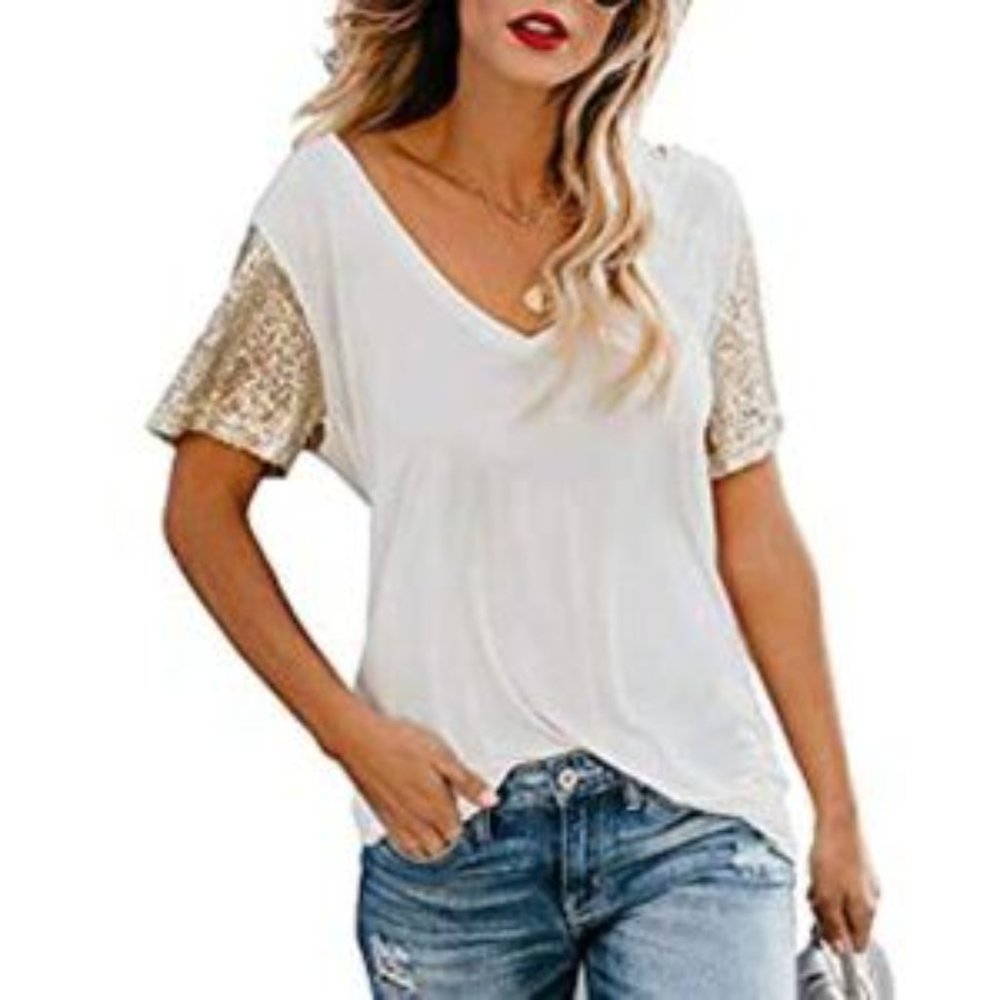 TOP STORY Glam Tee w/ Sequin Sleeves